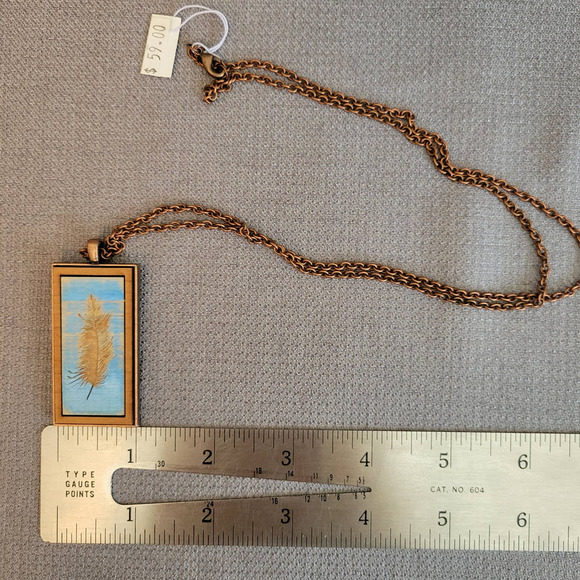 NWT Feather Copper Wood Pendant Necklace Statement Peace Handcrafted USA - Picture 11 of 12